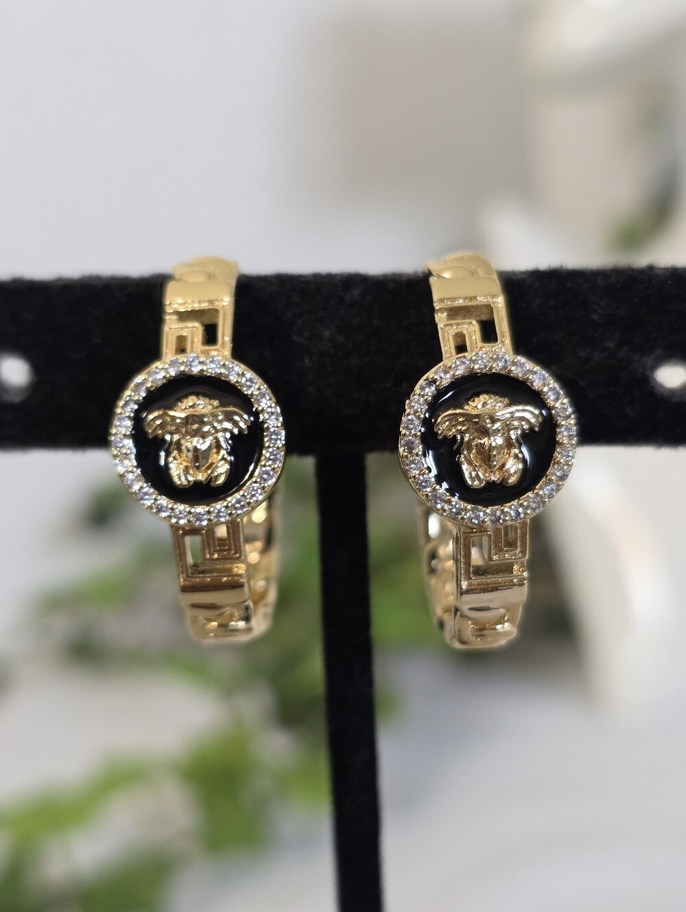 Gold Filled Medusa Greek Key Hoop Earrings Black Enamel CZ - Picture 2 of 8